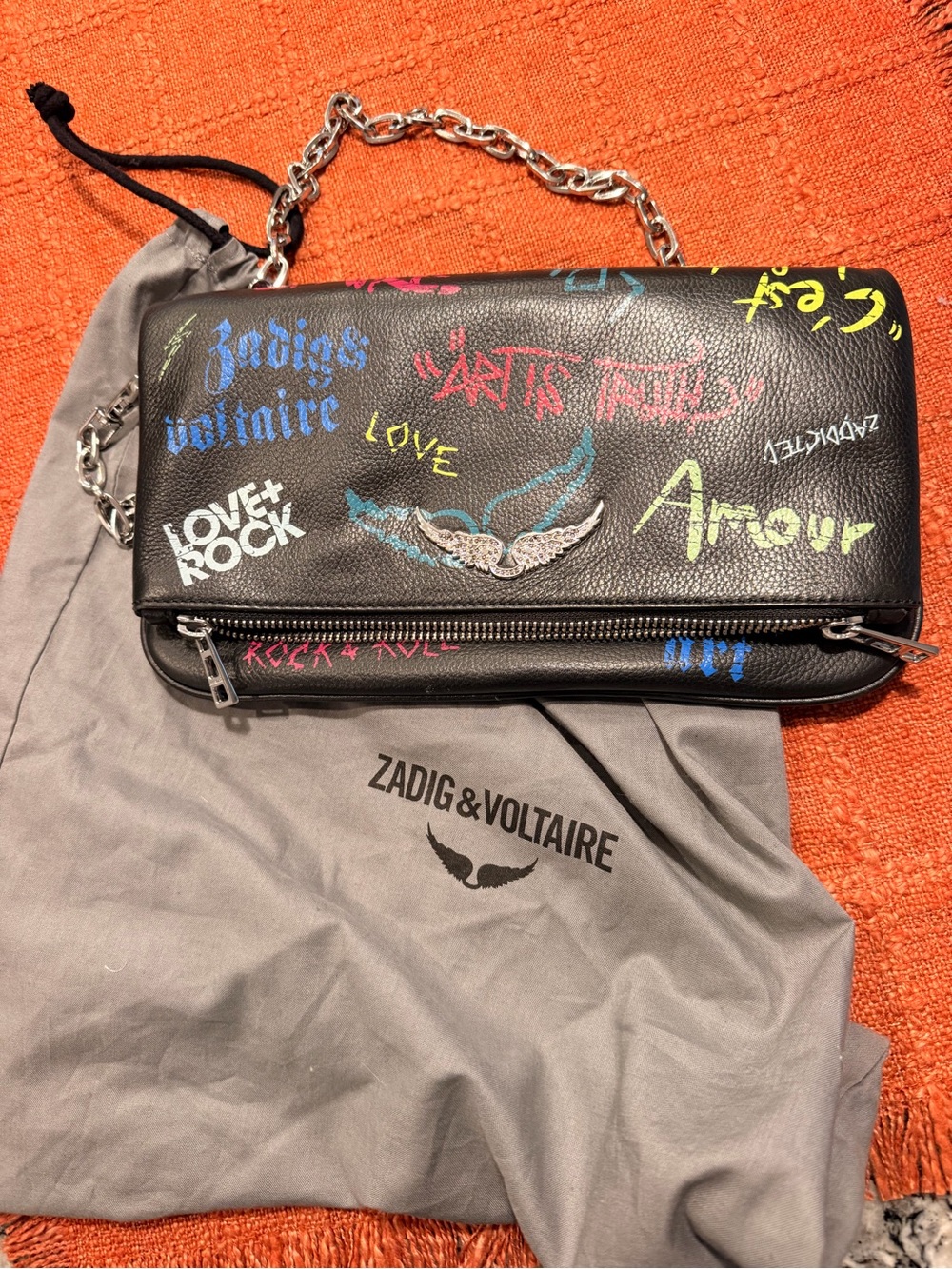 Zadig & Voltaire Black Leather Graffiti Chain Shoulder Bag